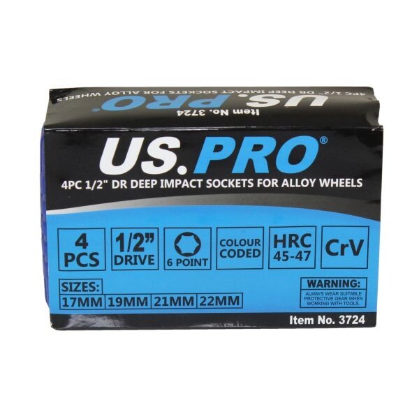 US PRO 4PC 1/2" DR DEEP IMPACT SOCKETS FOR ALLOY WHEELS - SBW Trading Limited