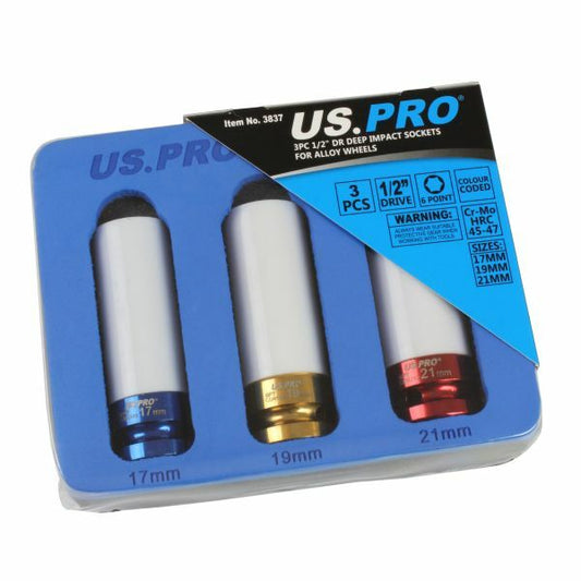 US PRO 3PC 1/2" DR DEEP IMPACT SOCKETS FOR ALLOY WHEELS - SBW Trading Limited