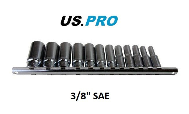 US PRO 12PC 3/8" DR 6PT DEEP SAE SOCKETS ON RAIL - SBW Trading Limited