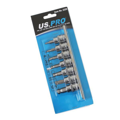 US PRO 7PC 3/8" DR BALL END HEX BIT SOCKETS 48MM ON RAIL - SBW Trading Limited