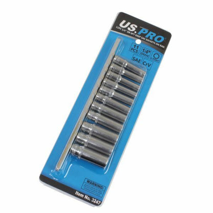 US PRO 11PC 1/4" DR 6PT DEEP SAE SOCKETS ON RAIL - SBW Trading Limited