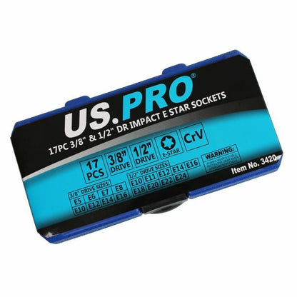 US PRO 17PC 3/8" 1/2" DR IMPACT E STAR SOCKETS - SBW Trading Limited