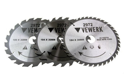 VEWERK 3 PACK - 184 X 30MM TCT CIRCULAR SAW BLADE 20T 24T 40T - SBW Trading Limited