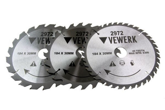 VEWERK 3 PACK - 184 X 30MM TCT CIRCULAR SAW BLADE 20T 24T 40T - SBW Trading Limited
