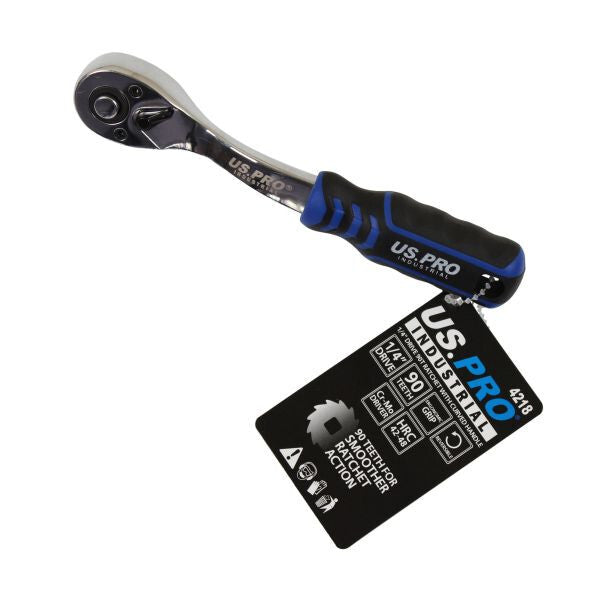 US PRO INDUSTRIAL 1/4" DRIVE 90T RATCHET WITH CURVED HANDLE WITH GRIP - SBW Trading Limited