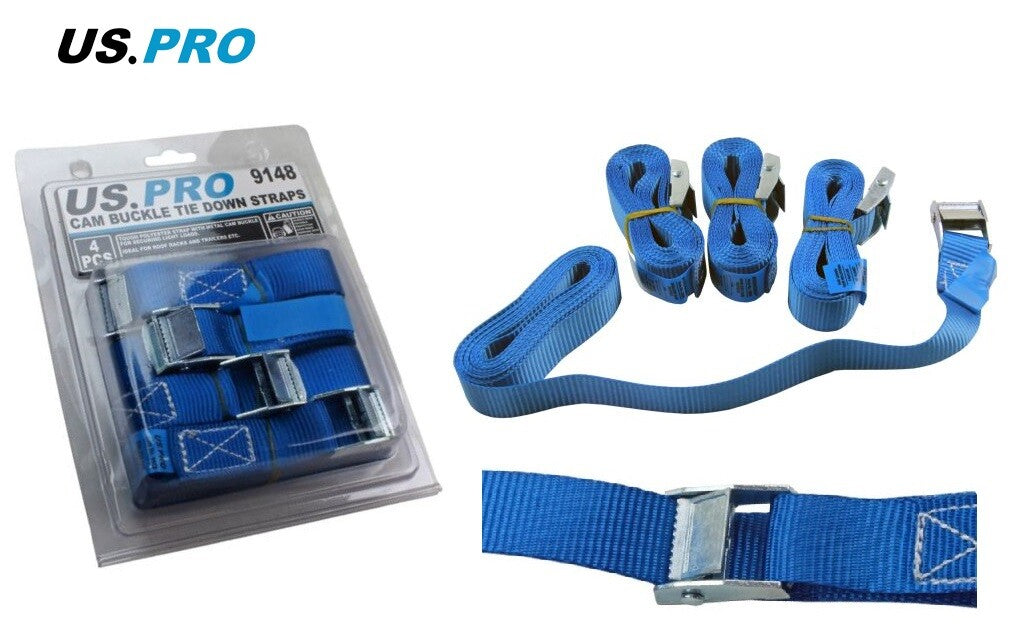 US PRO 4PC CAM BUCKLE TIE DOWN STRAPS 25MM X 3MTR - SBW Trading Limited