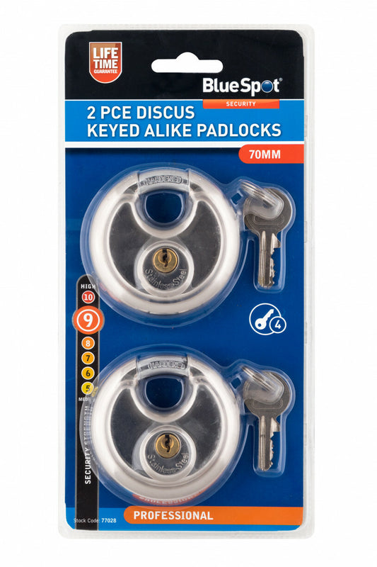 2x Keyed Alike Heavy Duty Disc Padlock 70mm Hardened Steel Solid Brass Cylinder - SBW Trading Limited