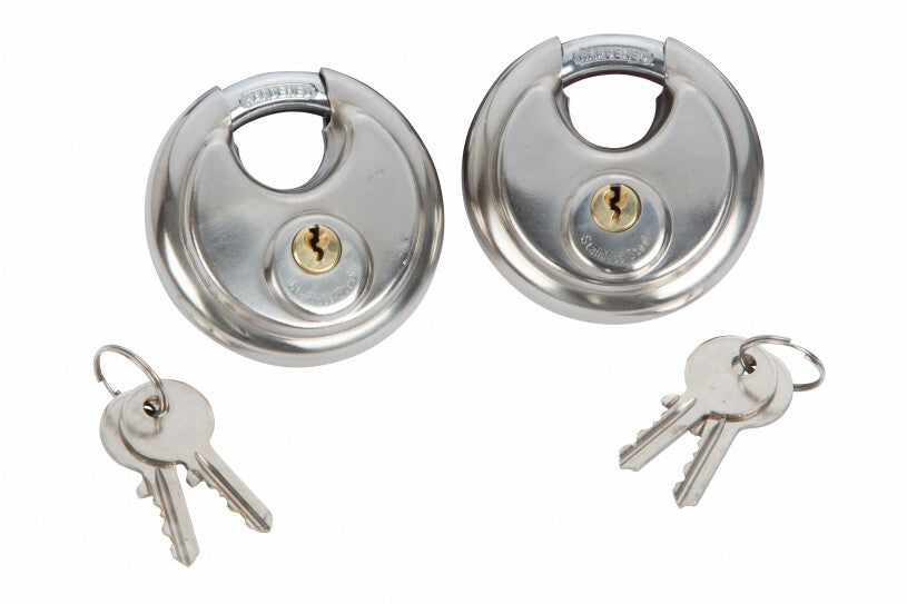 2x Keyed Alike Heavy Duty Disc Padlock 70mm Hardened Steel Solid Brass Cylinder - SBW Trading Limited