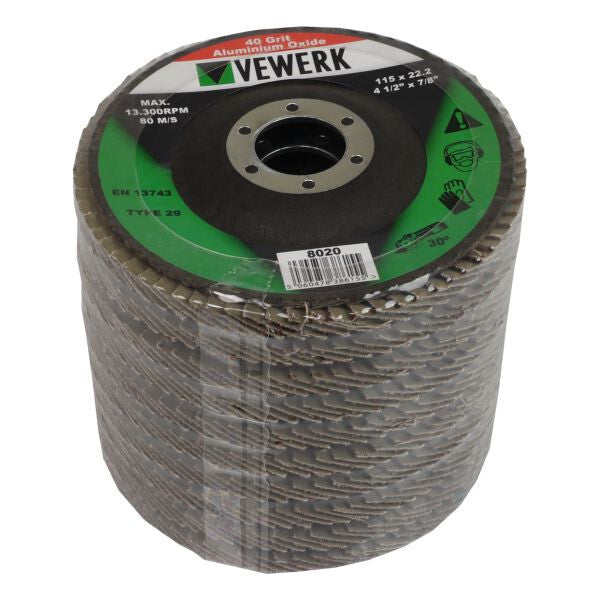VEWERK A40T29 FLAP DISCS 40 GRIT OXIDE - PACK 10 (115X22.2) - SBW Trading Limited