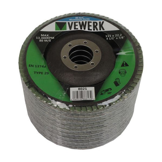 VEWERK A80T29 FLAP DISCS 80 GRIT OXIDE - PACK 10 (115X22.2) - SBW Trading Limited