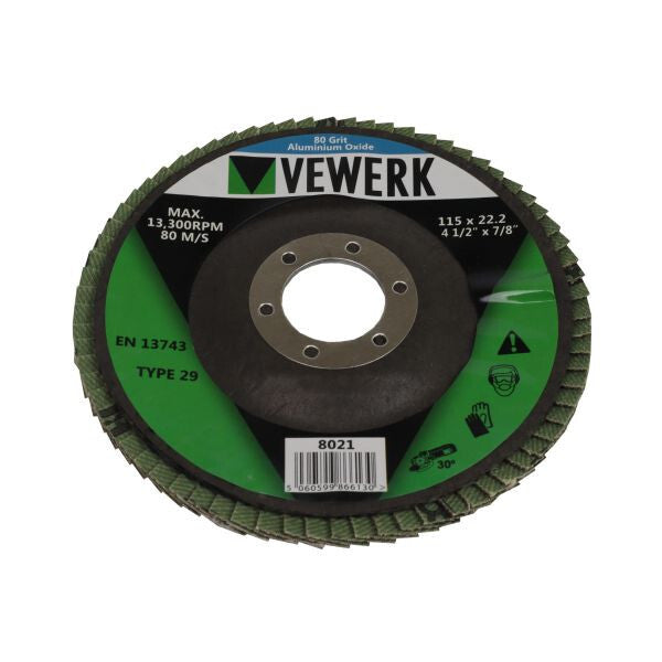 VEWERK A80T29 FLAP DISCS 80 GRIT OXIDE - PACK 10 (115X22.2) - SBW Trading Limited