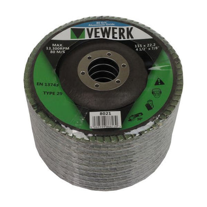 VEWERK A80T29 FLAP DISCS 80 GRIT OXIDE - PACK 10 (115X22.2) - SBW Trading Limited