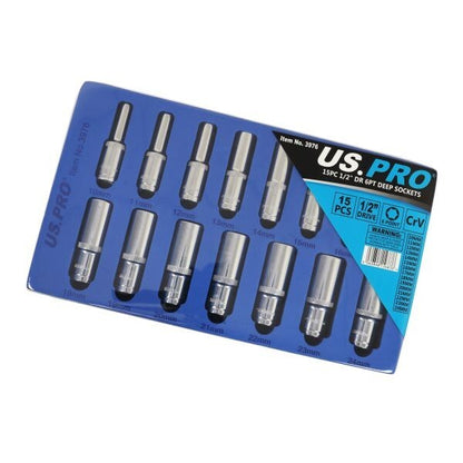US PRO 15PC 1/2" DR 6PT DEEP SOCKETS 10-24MM IN EVA TRAY - SBW Trading Limited