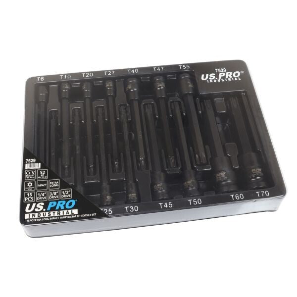 US PRO INDUSTRIAL 15PC EXTRA LONG IMPACT TAMPER STAR BIT SOCKET 1/4" 3/8" 1/2" DR - SBW Trading Limited
