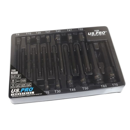 US PRO INDUSTRIAL 15PC EXTRA LONG IMPACT TAMPER STAR BIT SOCKET 1/4" 3/8" 1/2" DR - SBW Trading Limited
