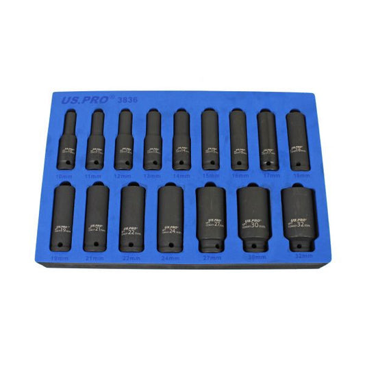 US PRO 16PC 1/2" DR 6PT EUROPEAN DEEP IMPACT SOCKETS IN EVA TRAY - SBW Trading Limited