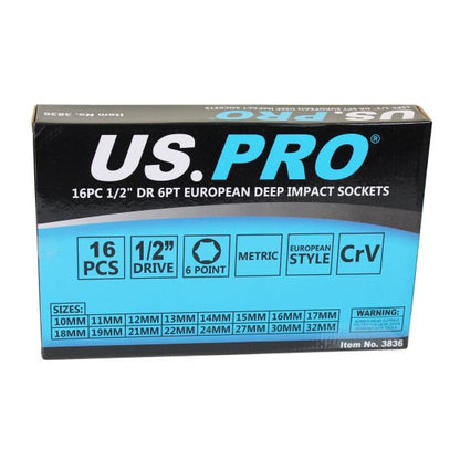 US PRO 16PC 1/2" DR 6PT EUROPEAN DEEP IMPACT SOCKETS IN EVA TRAY - SBW Trading Limited