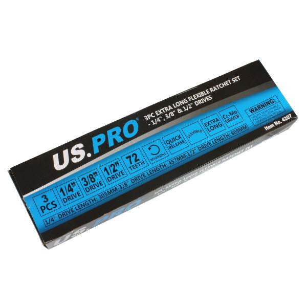 US PRO 3PC EXTRA LONG FLEXIBLE RATCHET SET 1/4", 3/8" & 1/2" DRIVES - SBW Trading Limited