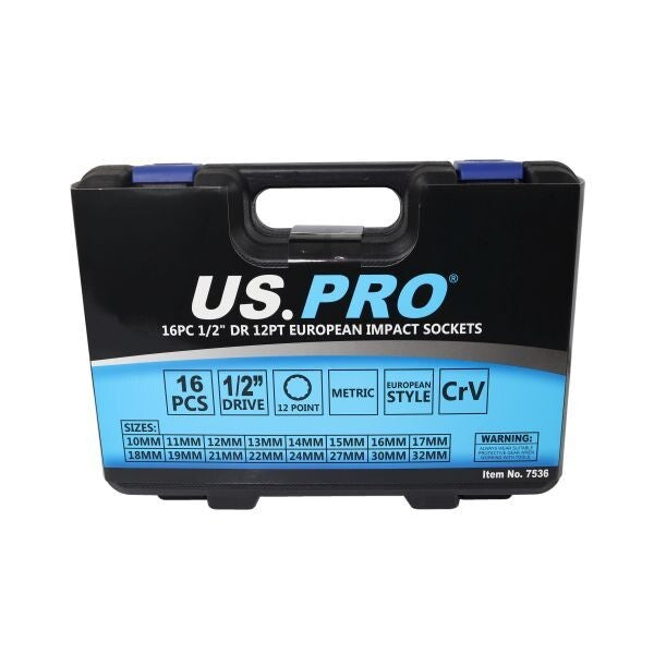 US PRO 16PC 1/2" DR 12PT EUROPEAN IMPACT SOCKETS - SBW Trading Limited